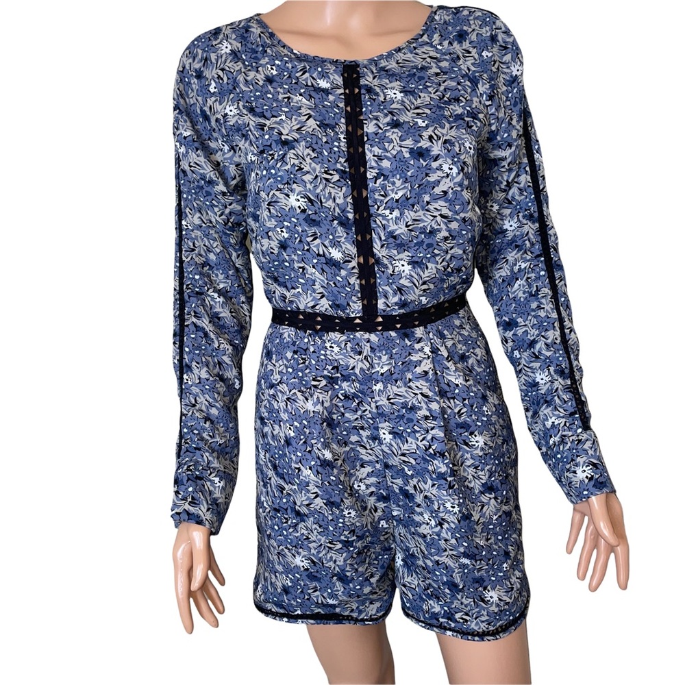 Anthropologie Blue Floral Long-Sleeve Romper